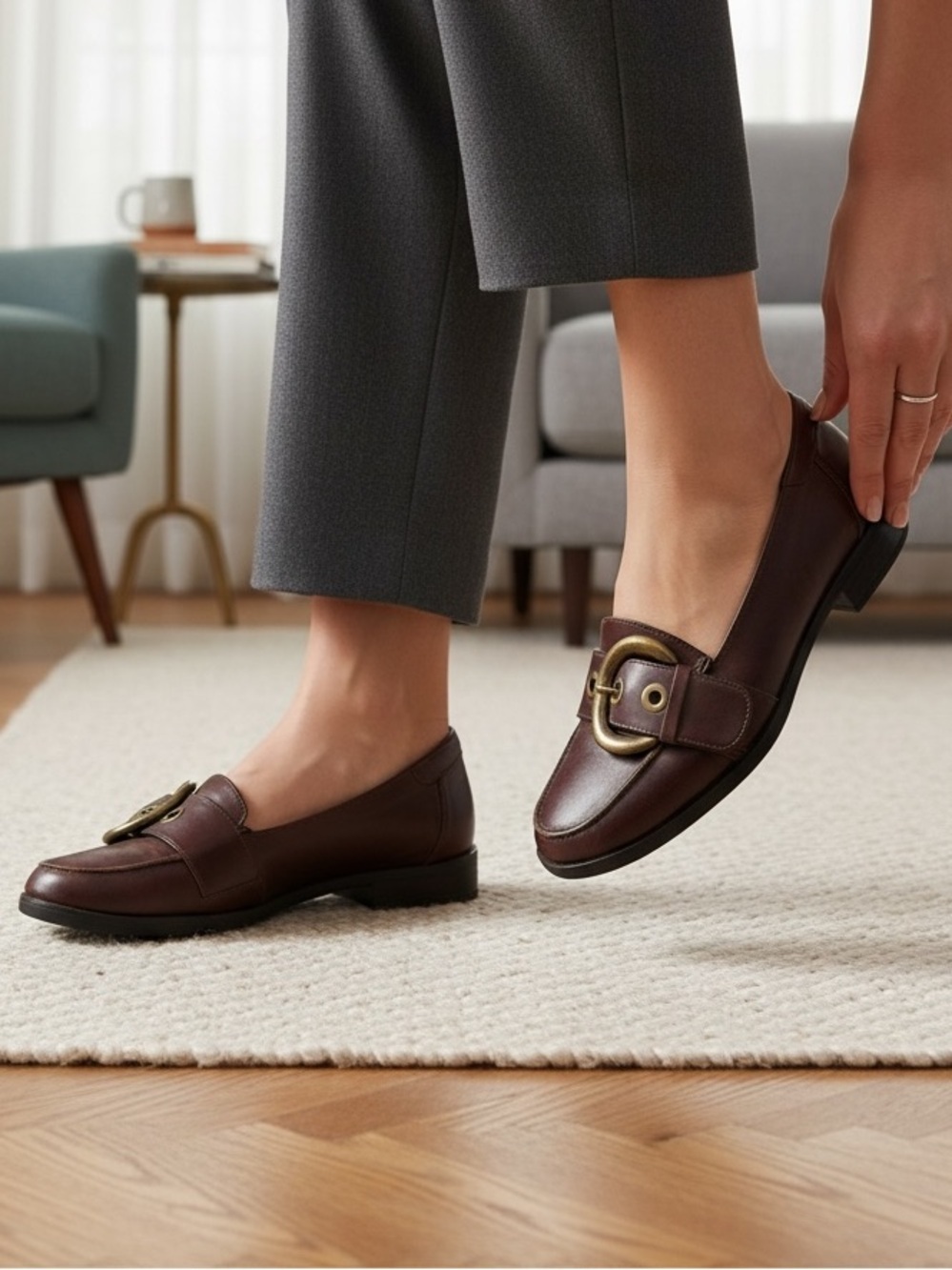 Nine West Burgundy/Brown Loafers with Decorative Brass Buckle
